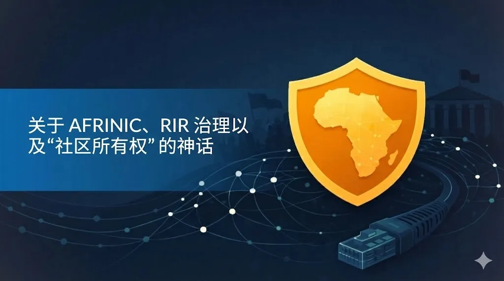 这是一张以互联网治理为主题的插图。背景为深蓝色，画面右侧有一个醒目的黄色盾牌，盾牌中心印有非洲大陆的轮廓图，象征着保护或主权。盾牌下方延伸出多条发光的蓝色网络连线，末端连接着一个蓝色以太网网线接头。图片左侧有一个半透明的蓝色文本框，上面印有白色中文标题：“论 AFRINIC、RIR 治理以及‘社区所有权’的迷思”。