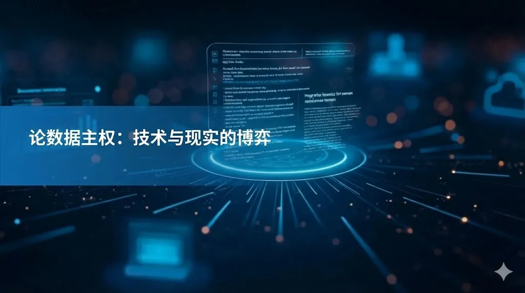这是一张极具未来科技感的背景图。画面中心是一个发光的蓝色圆形底座，上方悬浮着类似全息投影的数据文档和代码界面，展现了数字信息处理的场景。背景深邃，布满了发光的线条和虚化的科技元素，营造出一种大数据和网络安全的氛围。图片左侧带有一个半透明的蓝色遮罩区域，上面印有白色的中文标题：“论数据主权：技术现实与实际现实的博弈”