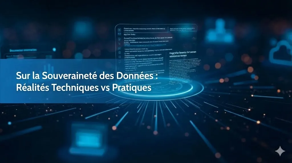 Un arrière-plan technologique bleu foncé futuriste montrant des lignes de données lumineuses, des motifs de circuits imprimés et une interface holographique centrale affichant des informations complexes. Sur la gauche, une bannière bleue horizontale contient le texte en blanc : « Sur la Souveraineté des Données : Réalités Techniques vs Pratiques ».