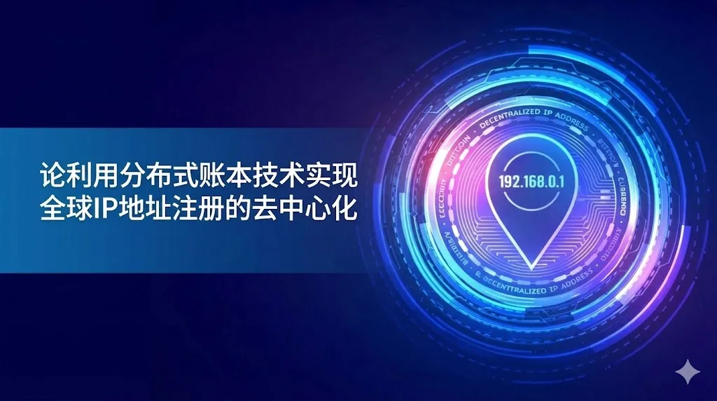 一张具有未来科技感的深蓝色图片。左侧蓝色色带上印有关于分布式账本技术与去中心化 IP 注册的中文标题。右侧是一个复杂的发光蓝色圆形电子电路图案，中心是一个包含 IP 地址“192.168.0.1”的定位针图标，象征着区块链或去中心化技术