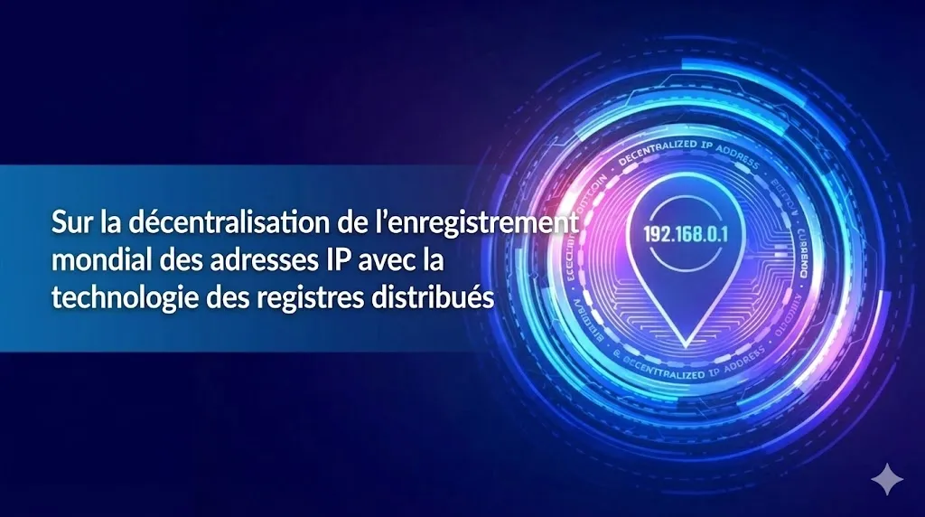 Une illustration numérique futuriste sur un fond bleu foncé. À gauche, un bandeau bleu superposé présente le titre en blanc : « Sur la décentralisation de l'enregistrement mondial des adresses IP avec la technologie des registres distribués ». À droite, une grande épingle de localisation (map pin) lumineuse bleue affiche l'adresse IP « 192.168.0.1 ». Elle est entourée d'anneaux concentriques lumineux bleus et violets, évoquant une interface technologique avancée avec des circuits et du texte comme « DECENTRALIZED IP ADDRESS ».