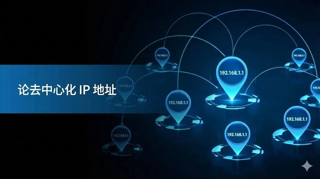 这是一张以网络架构为主题的科技风格背景图。深蓝色的背景上分布着多个蓝色的定位图标，每个图标内都标有“192.168.1.1”字样。这些图标通过发光的蓝色弧线相互连接，形成一个网状结构，象征着去中心化的网络连接。图片左侧有一个半透明的蓝色文本框，上面印有白色中文标题：“论 IP 地址的去中心化”