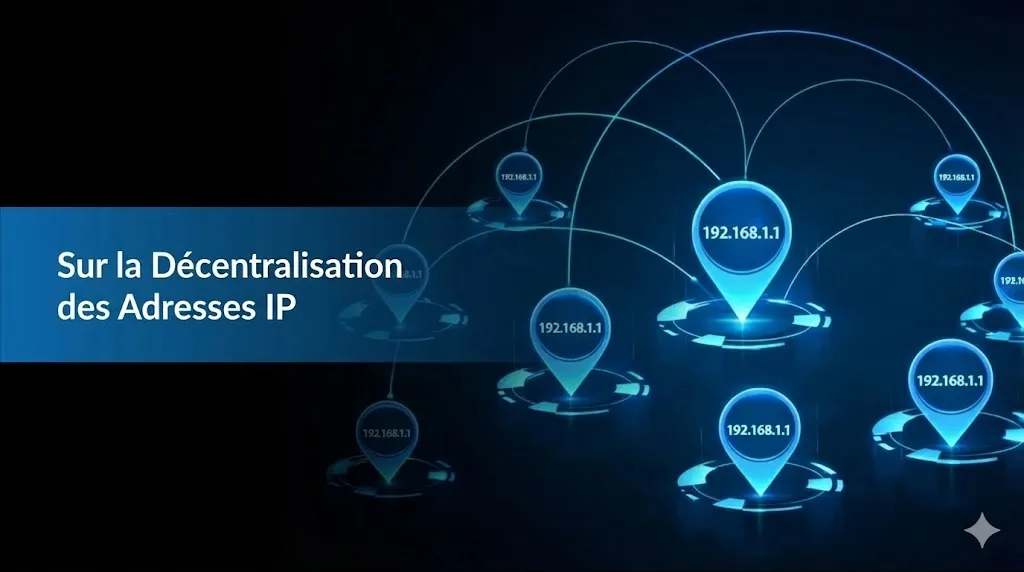 Une illustration technologique sur un fond sombre montrant un réseau complexe de connexions. Plusieurs icônes de localisation bleues brillantes, chacune affichant l'adresse « 192.168.1.1 », sont réparties sur l'image et reliées par des arcs lumineux suggérant un système décentralisé. Sur la gauche, une bannière bleue horizontale contient le texte en blanc : « Sur la décentralisation des adresses IP ».