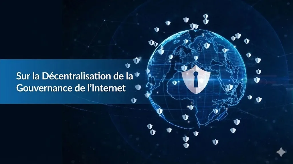 Une image technologique montrant un globe terrestre numérique bleu brillant, entouré de nombreuses petites icônes de boucliers blancs avec des serrures. Au centre du globe, un bouclier plus grand est mis en évidence. Sur la gauche, une bannière bleue affiche le titre : « Sur la décentralisation de la gouvernance de l'Internet ».