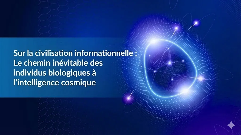 Une illustration abstraite sur un fond bleu foncé présentant un noyau central lumineux entouré d'un réseau complexe de lignes et de points connectés, évoquant une intelligence artificielle ou cosmique. Sur la gauche, un bandeau bleu contient le texte en blanc : « De la civilisation informationnelle : Le chemin inévitable des individus biologiques vers une intelligence à l'échelle cosmique ».