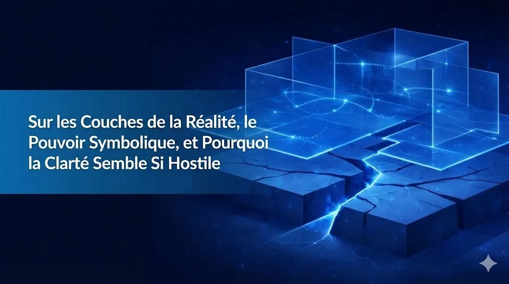 Une illustration conceptuelle sur un fond bleu foncé. À gauche, un bandeau bleu superposé présente le titre en blanc : « Sur les Couches de la Réalité, le Pouvoir Symbolique, et Pourquoi la Clarté Semble Si Hostile ». À droite, des structures géométriques transparentes et lumineuses ainsi que des trajectoires de données flottent au-dessus d'un sol rocheux sombre et fissuré, d'où émane une lumière bleue électrique intense.