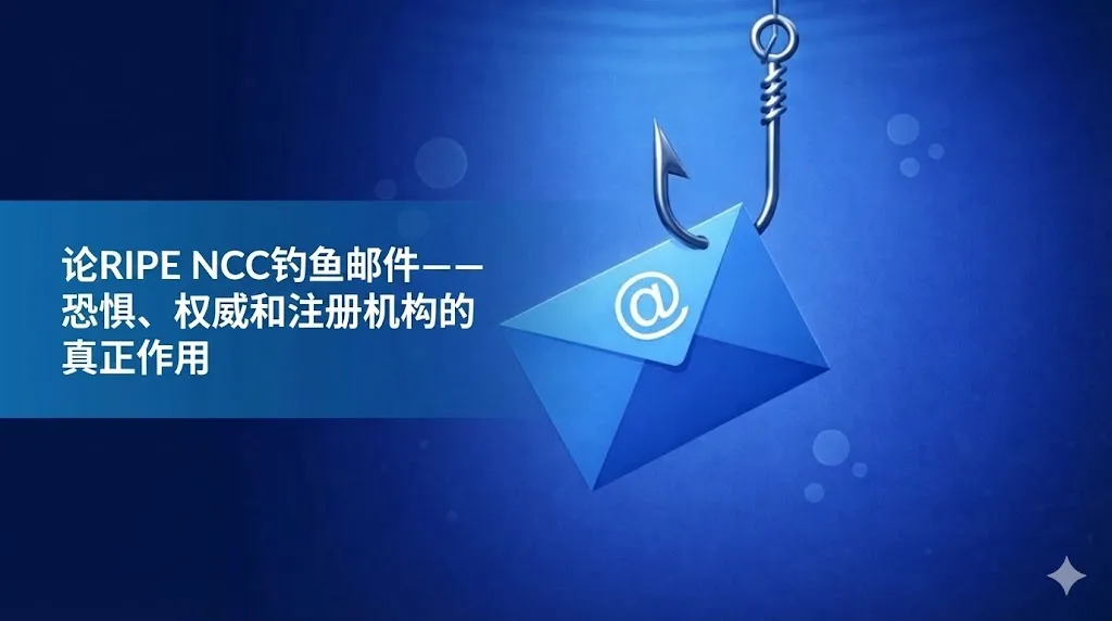 深蓝色水底视觉背景的图片。左侧蓝色色带上印有中文标题“论 RIPE NCC 钓鱼邮件——恐惧、权威与注册机构的真实角色”。右侧是一个蓝色的信封，信封中心带有“@”符号，并被一个发光的银色鱼钩勾住，视觉化地表现了“网络钓鱼”的概念