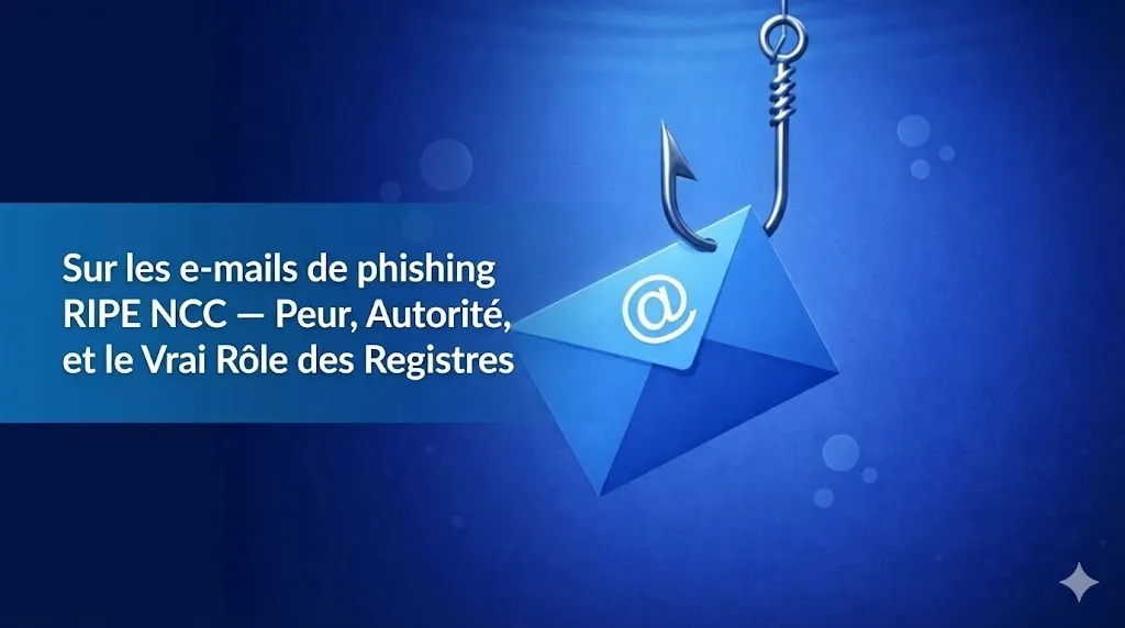 Une illustration conceptuelle sur un fond bleu aquatique. À gauche, un bandeau bleu superposé présente le titre en blanc : « Sur les e-mails de phishing du RIPE NCC — Peur, autorité et le véritable rôle des registres ». À droite, une enveloppe bleue marquée d'un symbole « @ » blanc est accrochée à un hameçon de pêche argenté sous l'eau, entourée de petites bulles d'air.