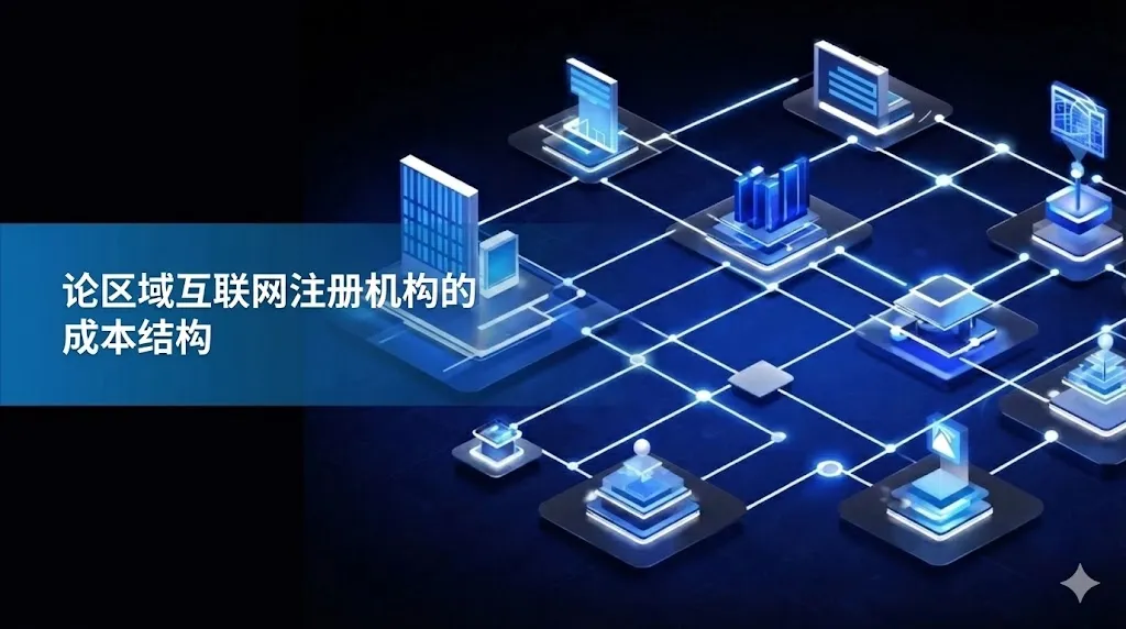 一张具有现代感和科技感的深蓝色背景图片。 左侧蓝色透明色带上印有中文标题“论区域互联网注册机构的成本结构”。 右侧展示了一个复杂的 3D 逻辑连接网络，多个带有发光边缘的蓝色立方体代表不同的数据节点或机构，它们之间由白色的发光线条相连，视觉化地表现了 RIR 的组织与运营成本架构