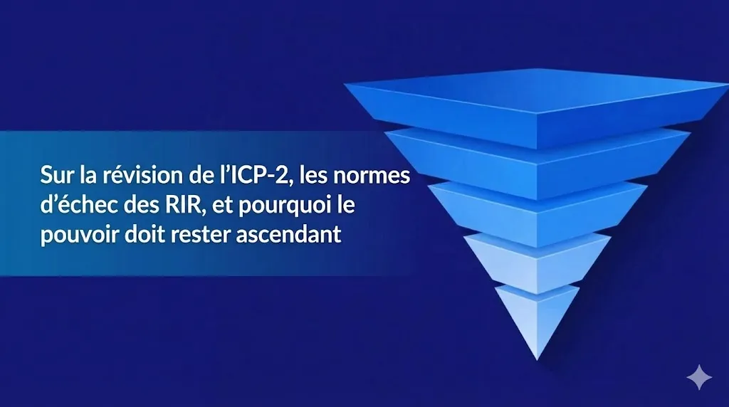 Une illustration numérique sur un fond bleu foncé dégradé. Sur la gauche, un bandeau rectangulaire bleu contient le titre en lettres blanches : « Sur la révision de l'ICP-2, les normes d'échec des RIR, et pourquoi le pouvoir doit rester ascendant ». Sur la droite, un graphique abstrait en 3D représente une pyramide inversée, constituée de plusieurs couches bleues empilées pointant vers le bas.