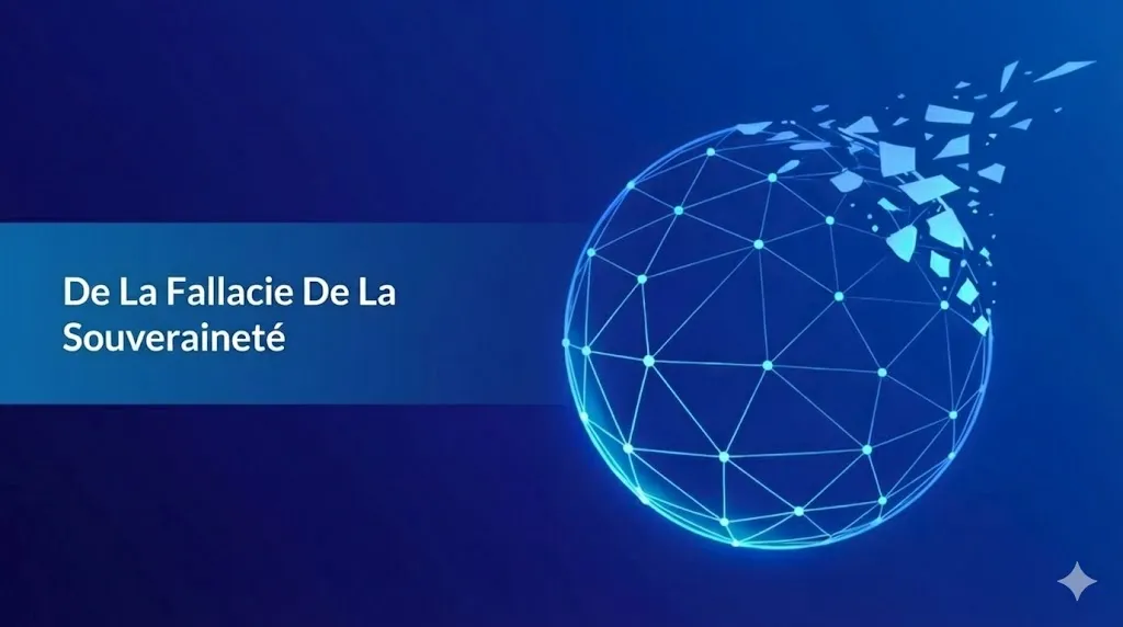 Un graphique numérique avec un arrière-plan en dégradé bleu foncé. Sur la gauche, une bande horizontale bleu clair contient le texte « De La Fallacie De La Souveraineté » dans une police blanche sans empattement. À droite, une sphère filaire bleue lumineuse est représentée, avec sa partie supérieure droite se brisant en divers éclats géométriques qui s'envolent, suggérant une fragmentation ou une déconstruction.