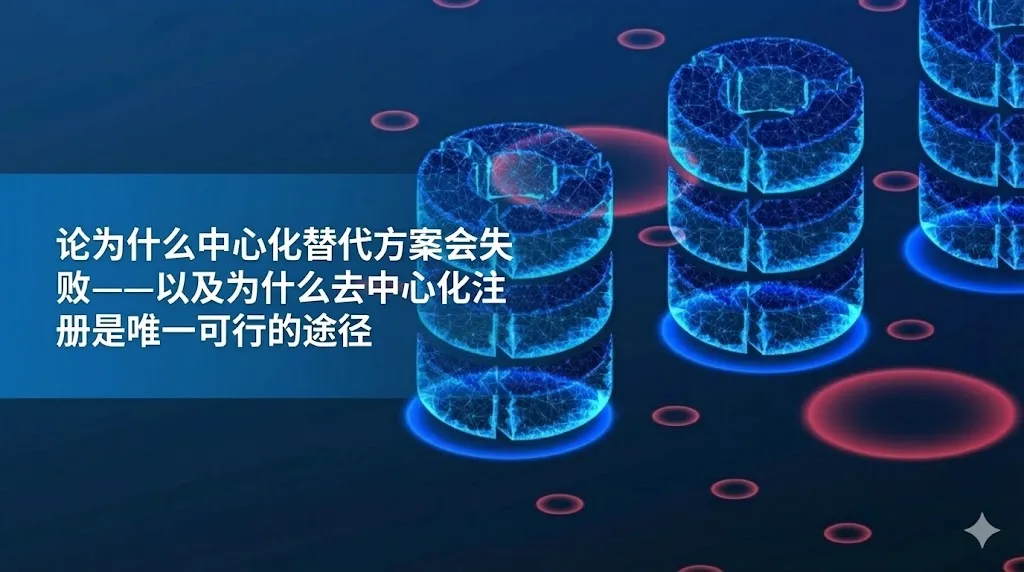 这是一张具有科技感的背景图。图片右侧排列着多个由蓝色发光网格组成的圆柱体（类似数据库或区块链节点图标），背景为深蓝色，点缀着红色的光圈。图片左侧有一个半透明的蓝色文本框，上面印有中文白字标题：“论为什么中心化替代方案会失败——以及为什么去中心化注册是唯一可行的途径”