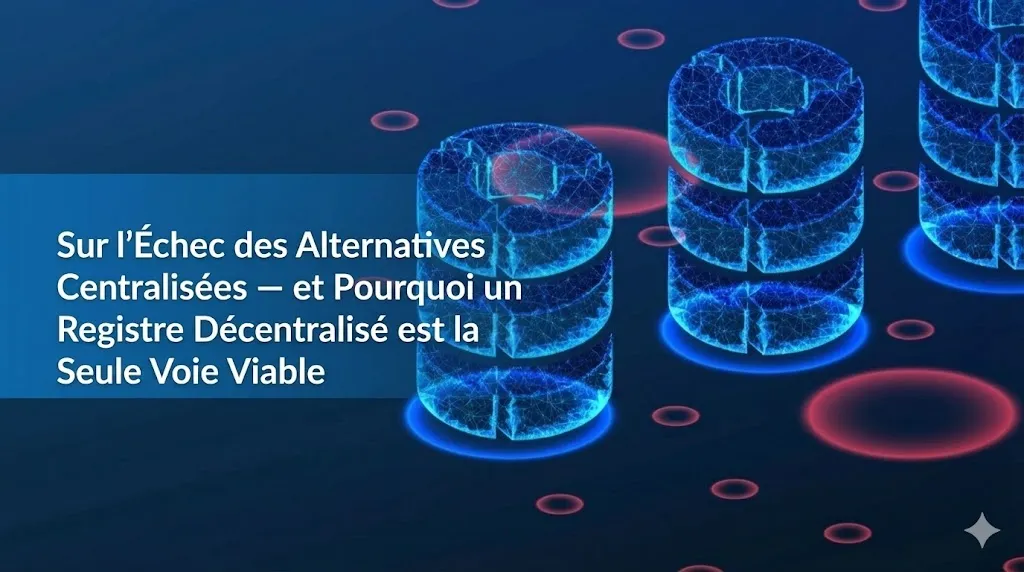 Une illustration numérique sur un fond bleu foncé. À gauche, un bandeau bleu superposé présente le titre en blanc : « Sur l'échec des alternatives centralisées — et pourquoi un registre décentralisé est la seule voie viable ». À droite, trois colonnes constituées d'anneaux bleus lumineux et complexes s'élèvent au-dessus de cercles rouges et bleus éclatants disposés sur le sol, symbolisant une infrastructure de données robuste et décentralisée.