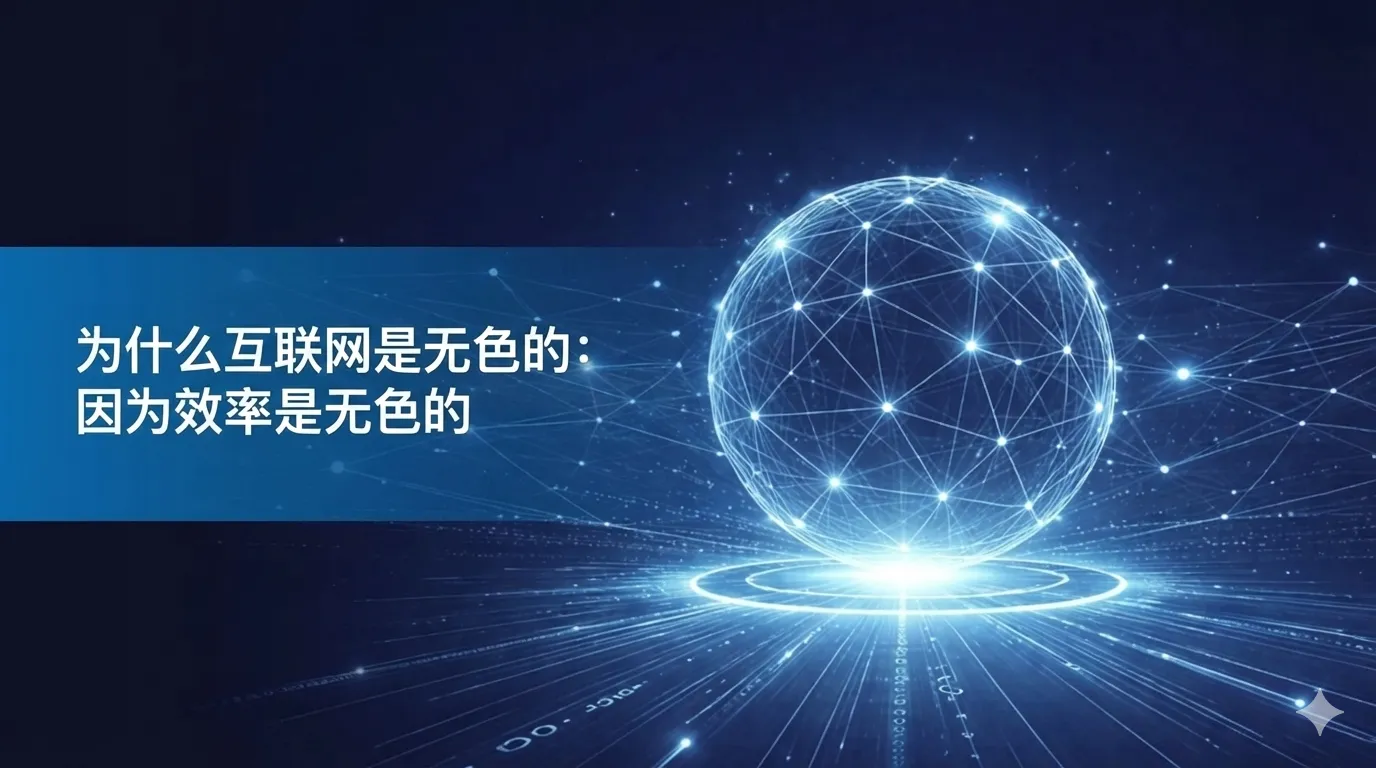 一张深蓝色背景的未来感科技图片。右侧展示了一个发光的线框地球仪，象征着全球网络连接。左侧写着白色标题文字：‘为什么互联网是无色的：因为效率是无色的