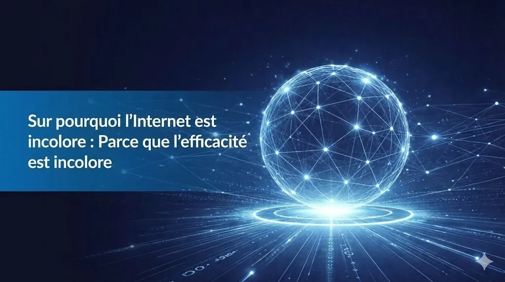 Une illustration technologique sur un fond bleu foncé montrant une sphère numérique lumineuse au centre, formée par un réseau complexe de lignes et de points interconnectés. Des rayons de lumière blanche émanent de la base de la sphère sur un sol numérique. À gauche, une bannière bleue horizontale contient le texte blanc : « Pourquoi l'Internet est incolore : car l'efficacité est incolore ».