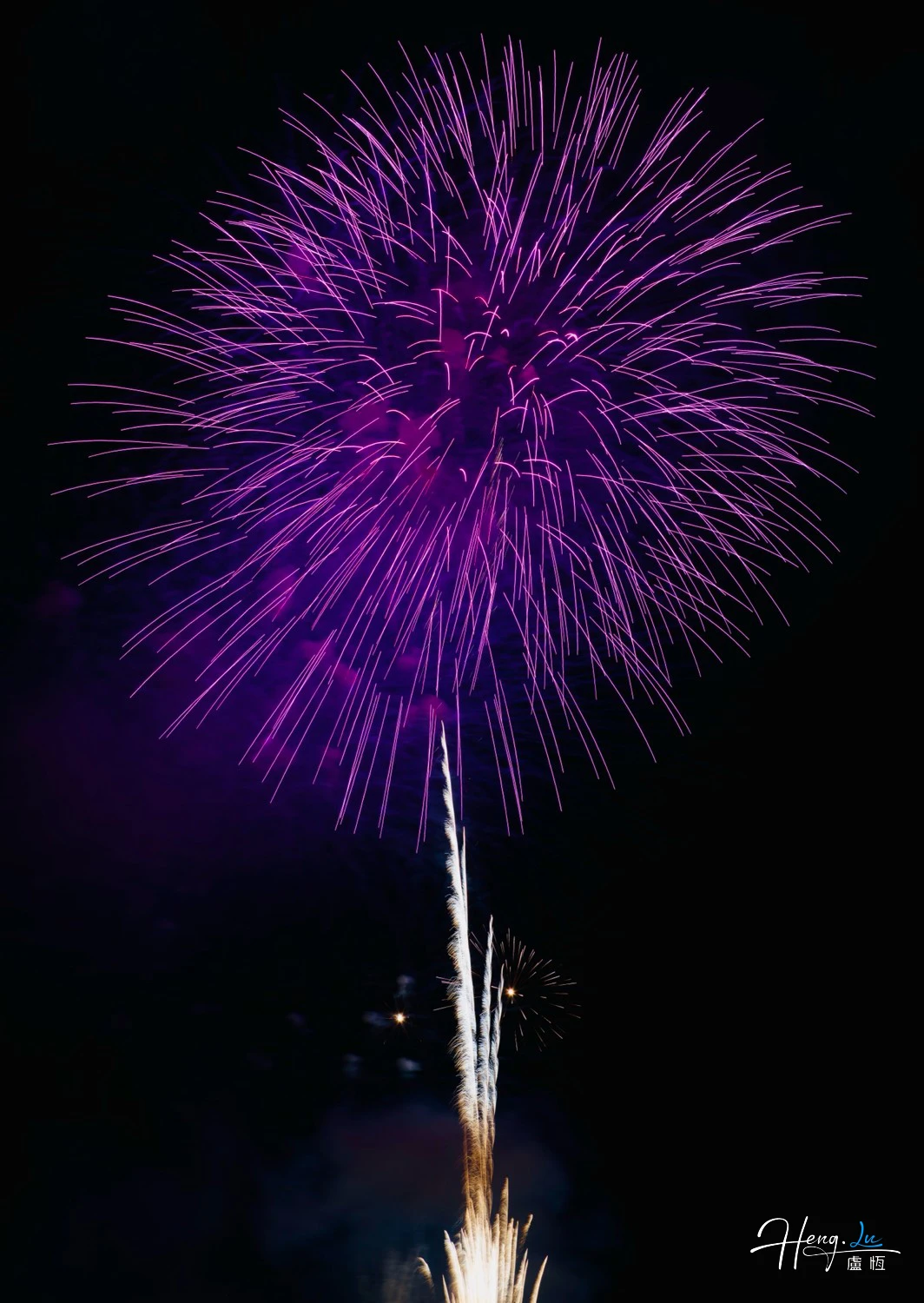Purple-firework-explodes-brightly-against-dark-night-sky