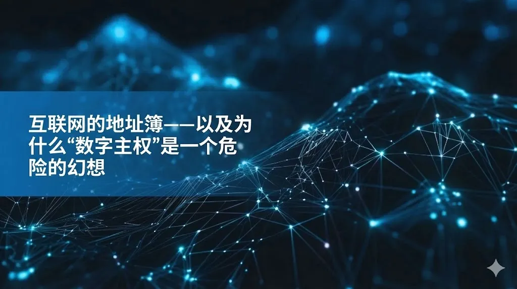 这是一张极具科技感的背景图，画面呈现出由蓝色发光线条和节点组成的 3D 拓扑结构，宛如起伏的数字山脉或复杂的神经网络。 图片左侧带有一个半透明的蓝色矩形遮罩区域，上面印有白色的中文标题：“互联网地址簿——以及为什么‘数字主权’是一个危险的幻想”。 整体视觉效果强调了互联网架构的复杂性与连通性