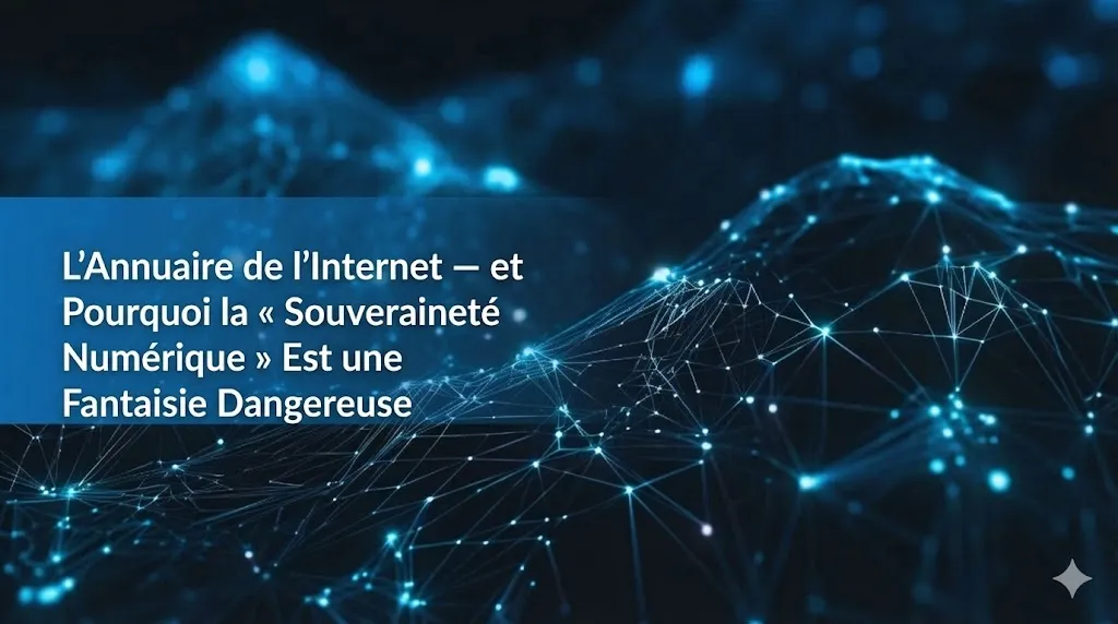 Un arrière-plan technologique sombre présentant un réseau lumineux bleu de lignes et de points interconnectés formant un paysage numérique ondulé. Sur la gauche, une bannière bleue horizontale contient le texte blanc : « The Internet’s Address Book — and Why “Digital Sovereignty” Is a Dangerous Fantasy ».