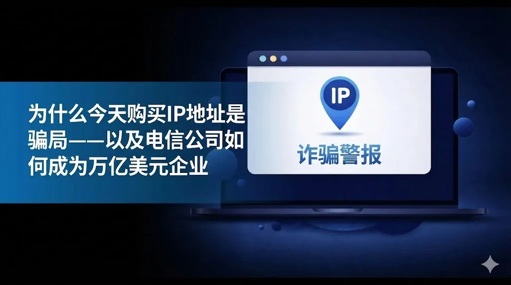 这是一张以科技和网络安全为主题的背景图。画面中心是一台深蓝色背景下的笔记本电脑，屏幕上显示着一个白色的弹出窗口。窗口内有一个蓝色的定位图标，中心写着“IP”字样，下方配有醒目的蓝色粗体字“SCAM ALERT”（诈骗警报）。图片左侧有一个半透明的蓝色文本框，上面印有白色标题：“为什么当今购买 IP 地址是一场骗局——以及电信公司如何能成为万亿级企业”