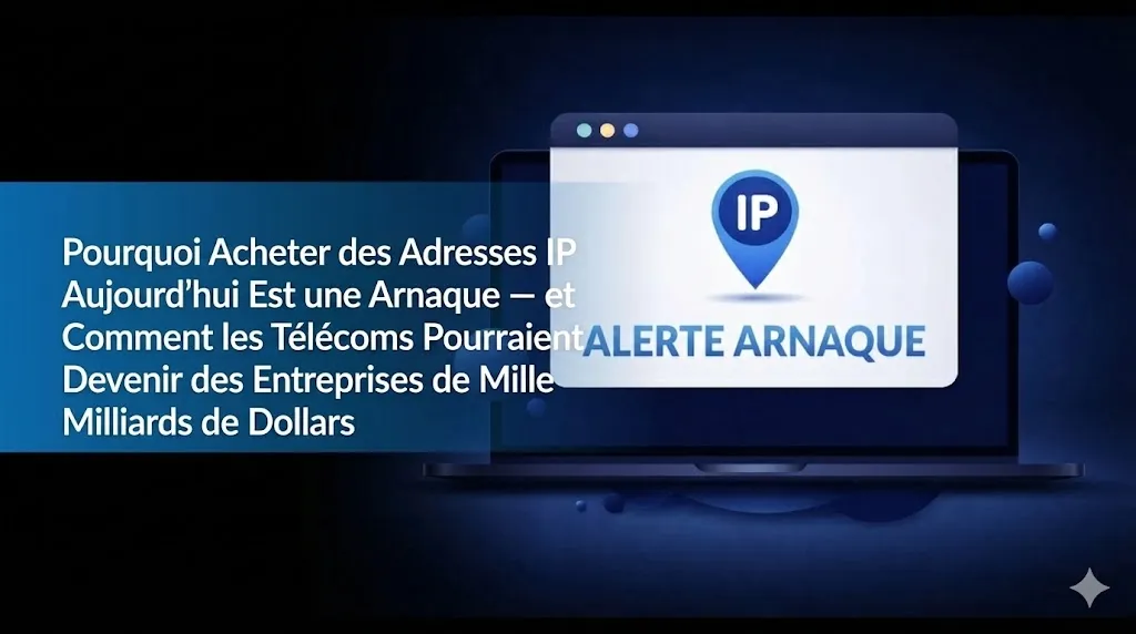 Une infographie sur fond bleu foncé illustrant un ordinateur portable. Sur l'écran, une fenêtre contextuelle affiche une icône de localisation bleue avec les lettres « IP » et la mention « ALERTE ARNAQUE » en dessous. À gauche, un texte en blanc indique : « Pourquoi acheter des adresses IP aujourd’hui est une arnaque — et comment les télécoms pourraient devenir des entreprises de mille milliards de dollars ».