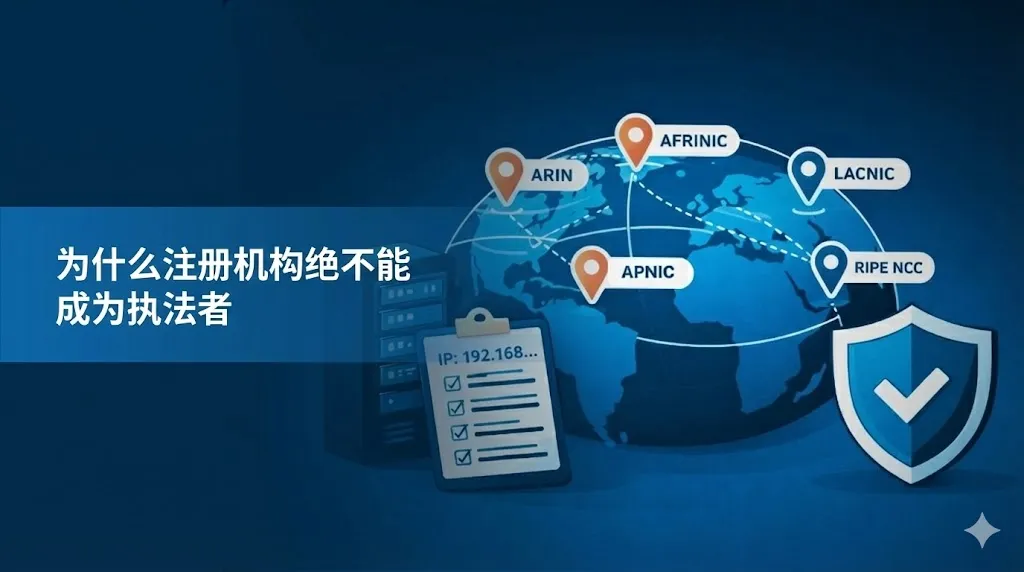 这是一张以全球网络治理为主题的插图。背景是一个深蓝色的地球，地球上标记了五个主要的区域互联网注册机构（RIRs）的位置，分别是：AFRINIC、ARIN、APNIC、LACNIC 和 RIPE NCC。图片前景包含一个服务器机柜图标、一份带有复选框和“IP: 192.168...”字样的剪贴板，以及右侧一个带有对勾符号的蓝色防御盾牌图标。图片左侧有一个半透明的蓝色文本框，上面印有白色标题：“为什么注册局绝不能成为执法者”