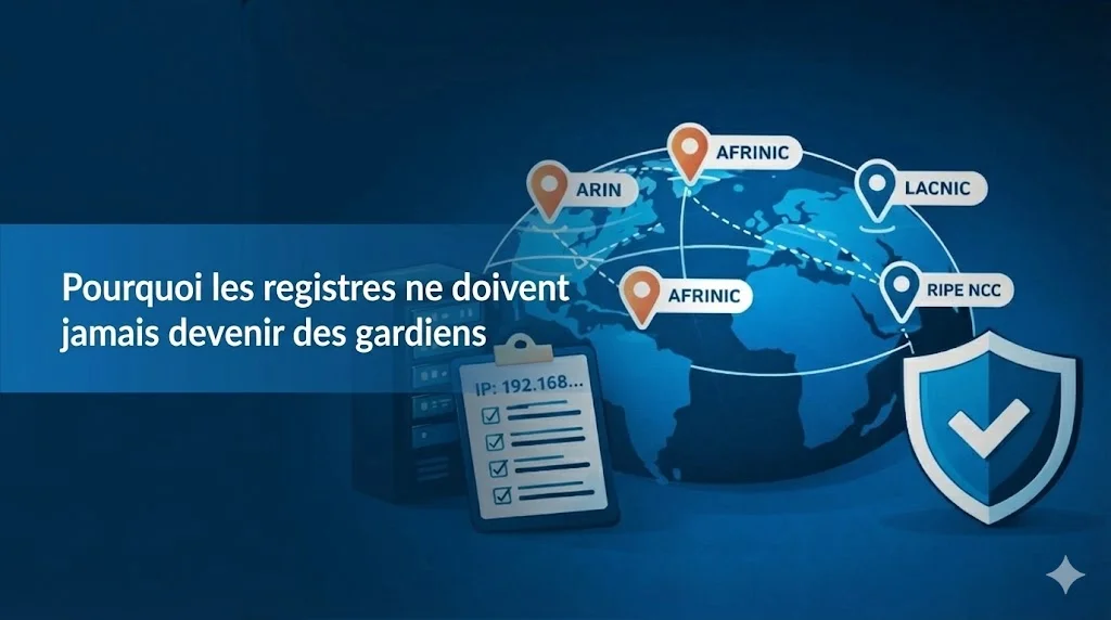Illustration sur fond bleu montrant un globe terrestre avec des lignes de réseau connectant des marqueurs pour les registres Internet régionaux (ARIN, AFRINIC, LACNIC, RIPE NCC). Au premier plan, on voit un rack de serveurs, un presse-papiers avec une liste de contrôle "IP: 192.168...", et un bouclier avec une coche. Le texte principal en blanc à gauche indique : "Pourquoi les registres ne doivent jamais devenir des gardiens".
