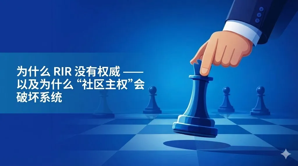 一张以蓝色为主色调的创意概念图。画面右侧是一只穿着深蓝色西装袖口的手，正在棋盘上移动一颗巨大的蓝色国际象棋棋子。画面左侧是一个半透明的蓝色矩形色块，上面印有白色的中文标题：“为何 RIRs 不具备权威 —— 以及‘社区主权’如何破坏系统”。背景是深浅不一的蓝色调，点缀着其他较小的棋子残影，整体构图充满了策略感和博弈氛围，隐喻互联网治理中的权力结构