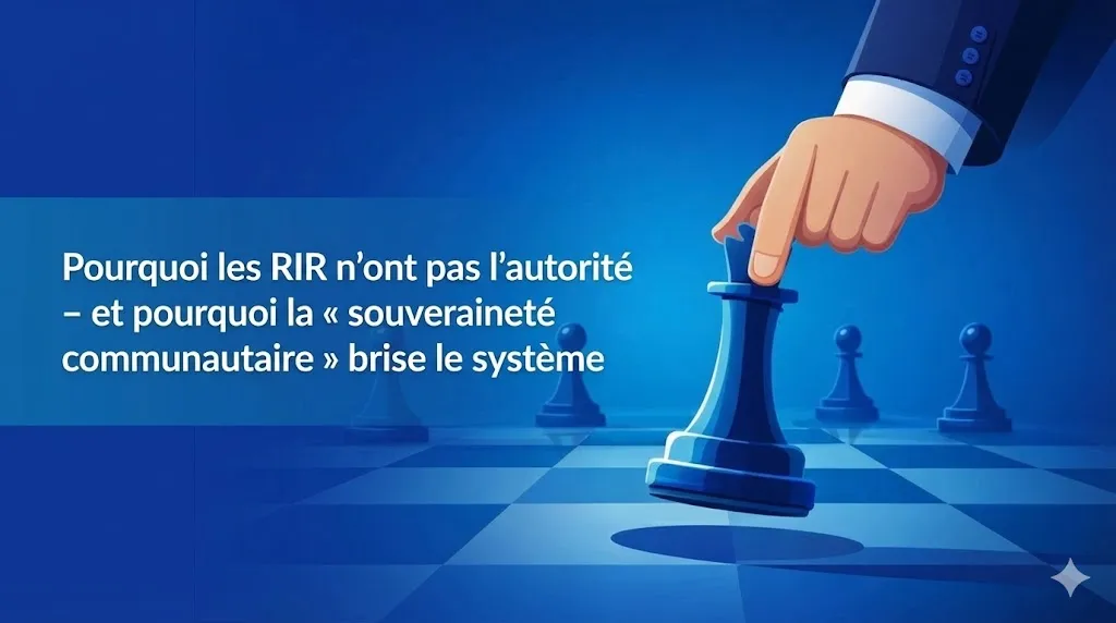 Une illustration conceptuelle sur un fond bleu dégradé. À gauche, un bandeau bleu superposé affiche le titre en blanc : « Pourquoi les RIR n'ont pas d'autorité — et pourquoi la « souveraineté de la communauté » brise le système ». Sur la droite, une main vêtue d'une manche de costume déplace une pièce d'échecs bleue (le roi ou la reine) sur un échiquier, symbolisant la stratégie, le contrôle et les dynamiques de pouvoir au sein de la gouvernance d'Internet.